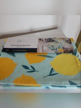 Mainstays 72" Aqua Table Runner Lemons Floral Summer Citrus Tropical Coastal